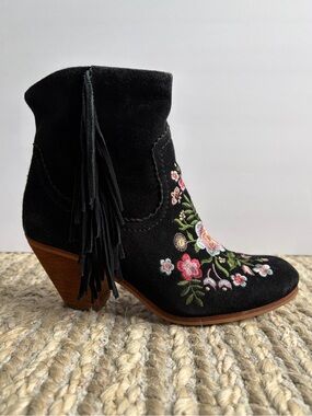 Sam Edelman Letti Black Suede Floral Embroidered Fringe Boots Sz 7 Western Boho